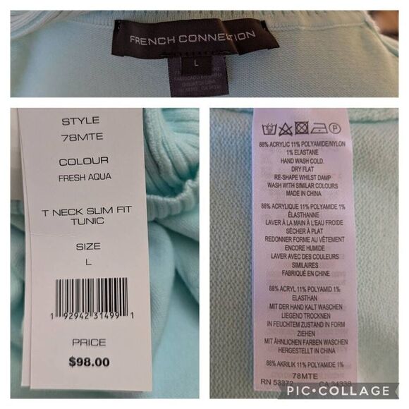 French Connection Fresh Aqua Teal Turtle Neck knit Sweater Slim Fit Tunic Size L - Picture 8 of 8